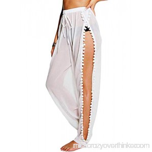 LOSRLY Women Chiffon Pom Pom Beach Touser Bikini Bottom Cover up High Split Beachwear Long Pants White B07QGDRJ33